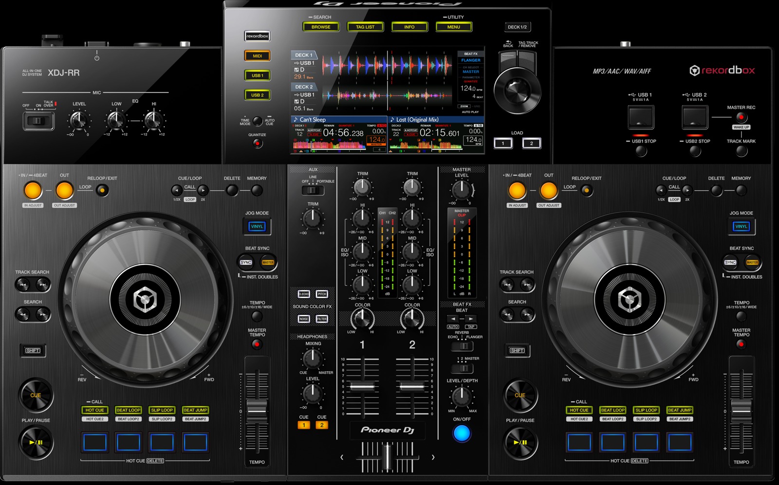 The EVS Deck Pro booth — two decks, mixer, FX rack and performance pads in the browser